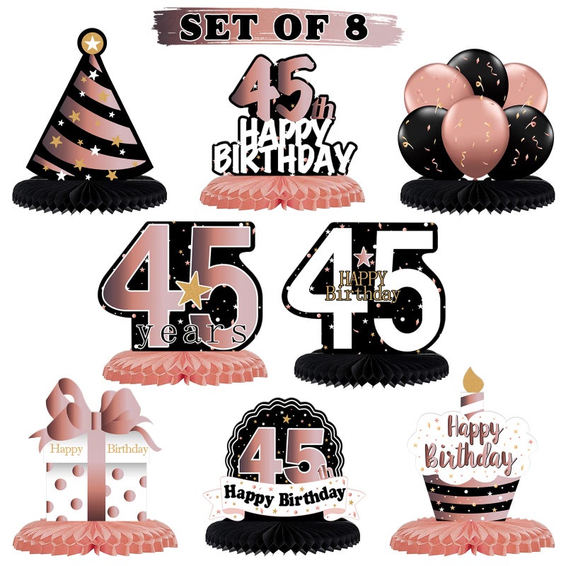 LINGTEER Happy 45th Birthday Rose Gold Table Honeycomb Centerpieces Cheers to 45th Birthday 45 Years Old Party Table Decorations Gift Sign.